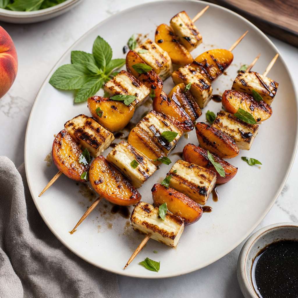 Izgara Şeftali ve Halloumi Şişleri — Bal‑Balsamik Glazürle Hafif Yaz Mezesi