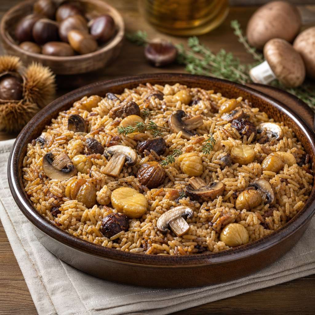 Fırında Kestaneli Mantarlı Arpa Şehriye Pilavı