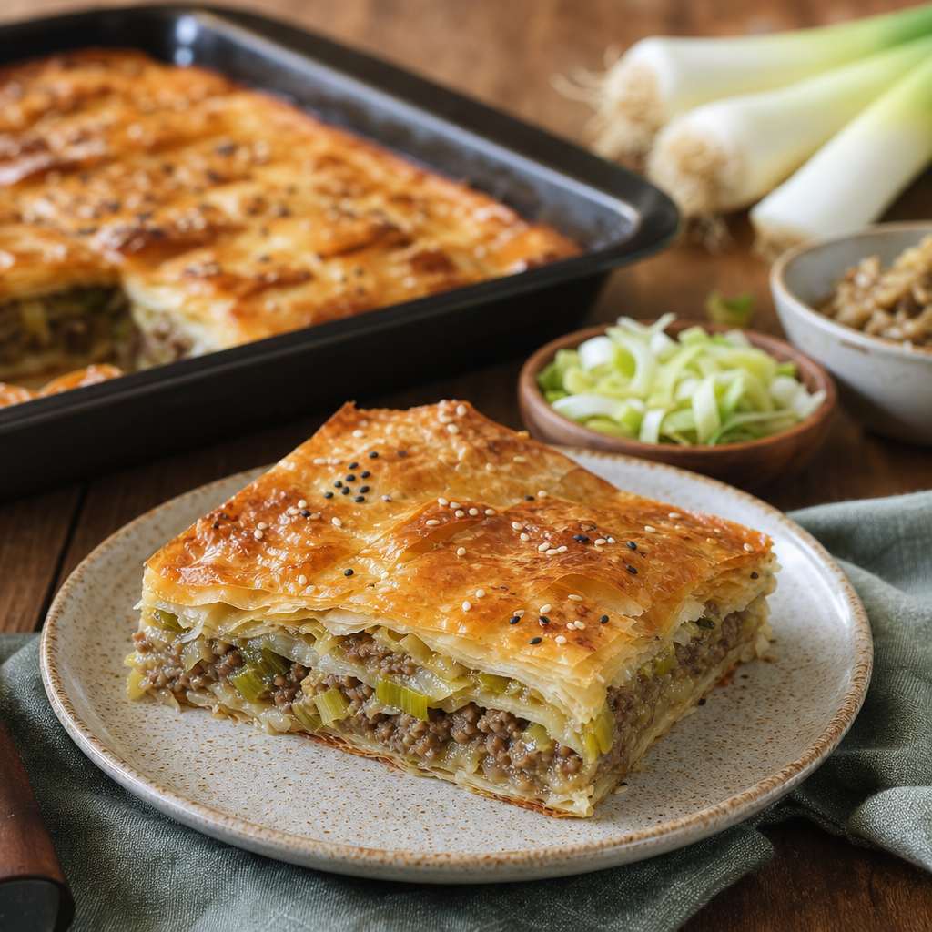 Fırında Pırasalı Kıymalı Börek: Tek Tepside Akşam Yemeğine Uygun Ev Tarifi