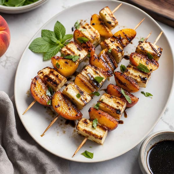 Izgara Şeftali ve Halloumi Şişleri — Bal‑Balsamik Glazürle Hafif Yaz Mezesi