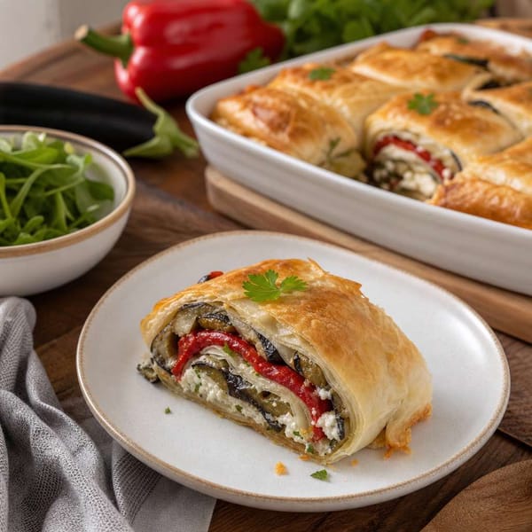 Fırında Lor Peynirli Patlıcan ve Biber Rulo Börek