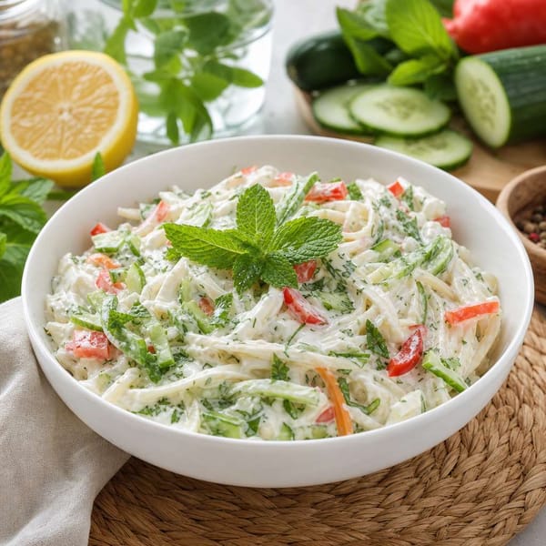 Limonlu, Naneli ve Yoğurtlu Soğuk Erişte Salatası