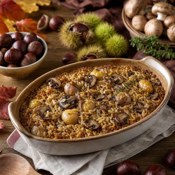 Fırında Kestaneli Mantarlı Arpa Şehriye Pilavı