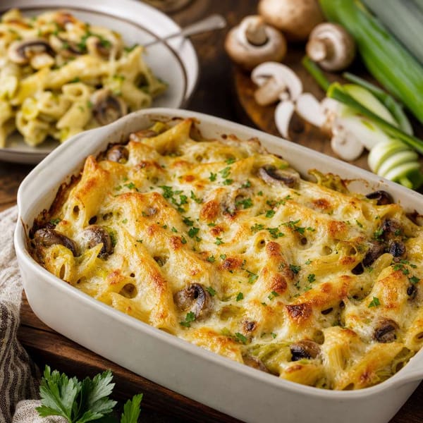 Fırında Pırasalı ve Mantarlı Kaşarlı Makarna